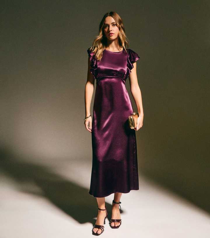 new look ruffle sleeve satin midi dress Red Ruffle Trim Long Sleeve Midi Dress