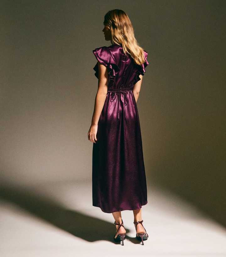 Dark Burgundy Satin Ruffled Sleeve Midi Dress Dark Burgundy Satin Ruffled Sleeve Midi Dress