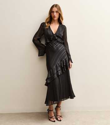 Black Satin Striped Midi Dress