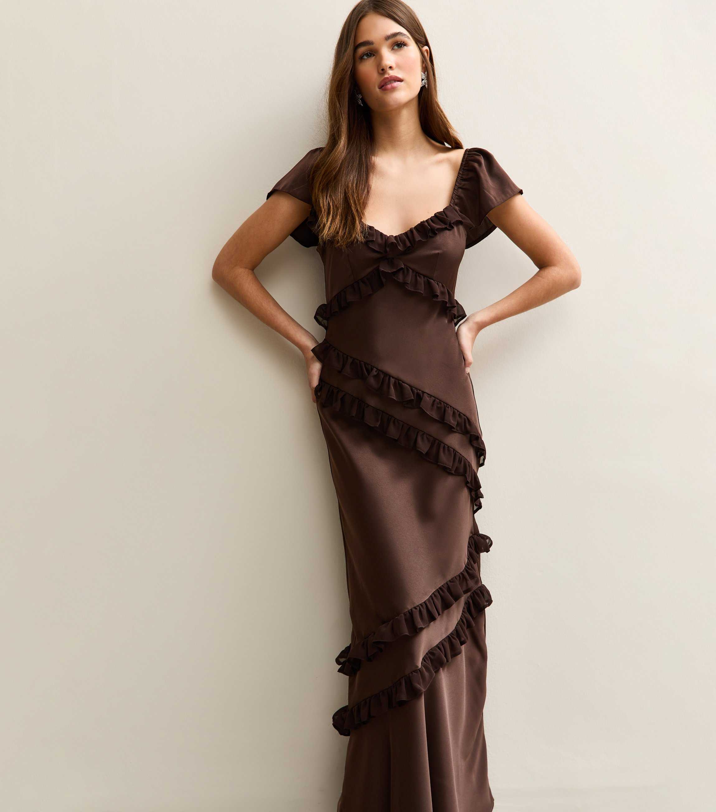 Dark Brown Satin Ruffled Trim Midi Dress New Look Dark Brown Satin Ruffled Trim Midi Dress New Look
