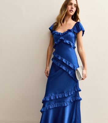 Dark Blue Satin Ruffled Trim Midi Dress