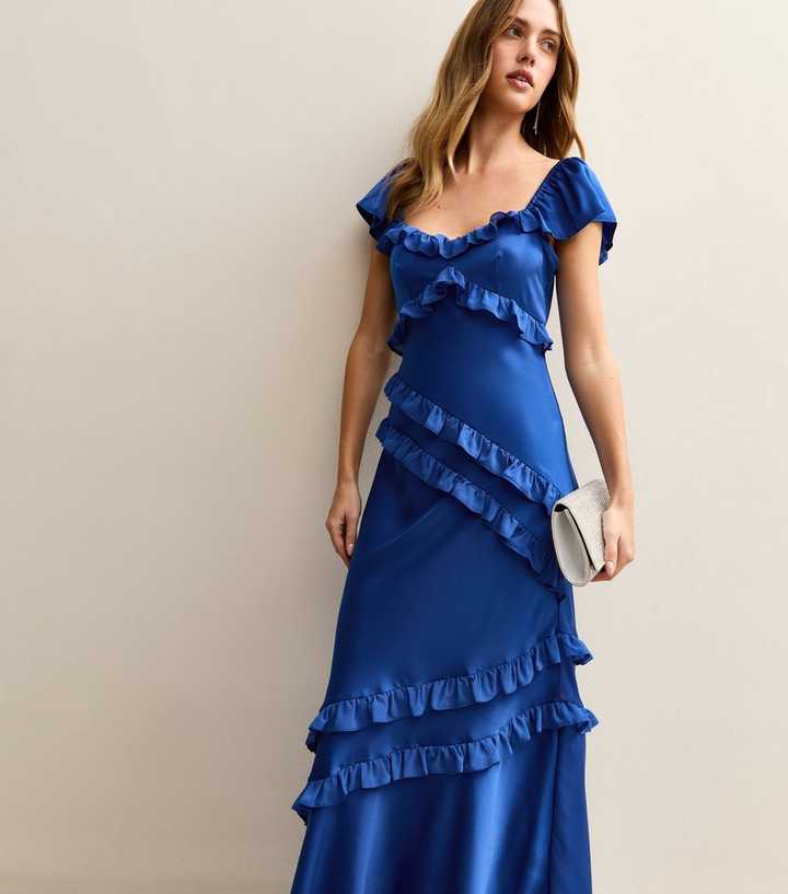 Dark Blue Satin Ruffled Trim Midi Dress