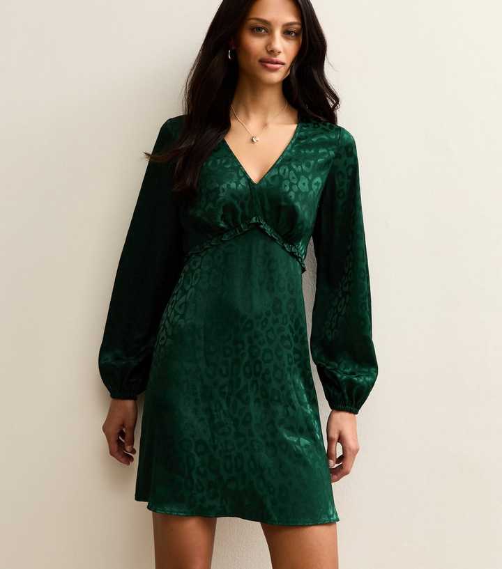 Dark Green Satin Long Sleeve Mini Dress | New Look
