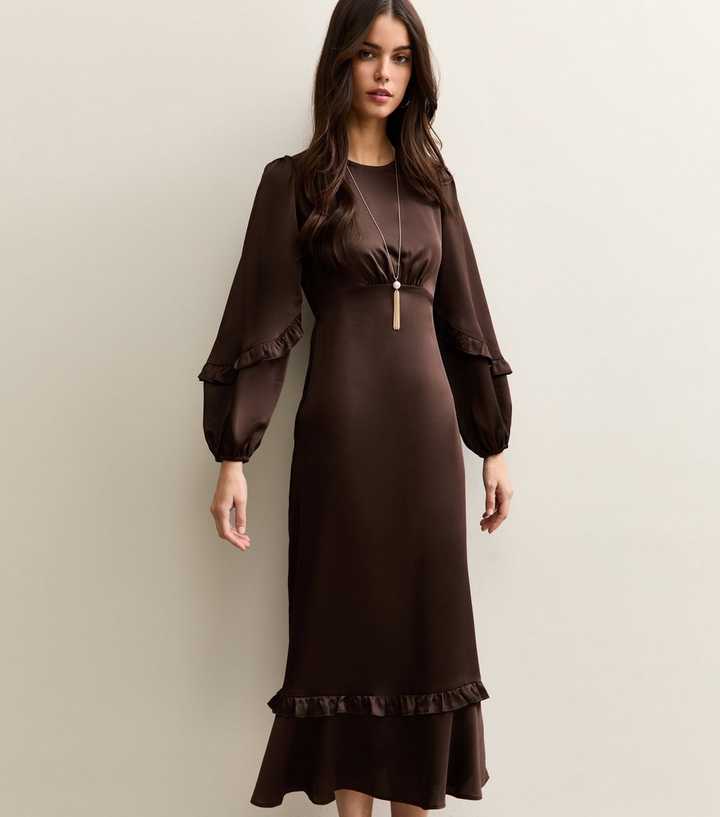 Dark Brown Satin Frill Trim Midi Dress