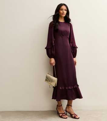 Dark Burgundy Satin Frill Trim Midi Dress