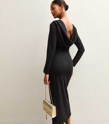Black Cowl Back Chain Trim Midi Dress