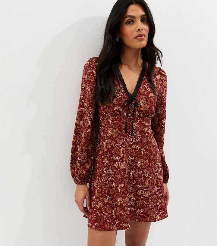 Red Paisley Print Long Sleeve Mini Dress