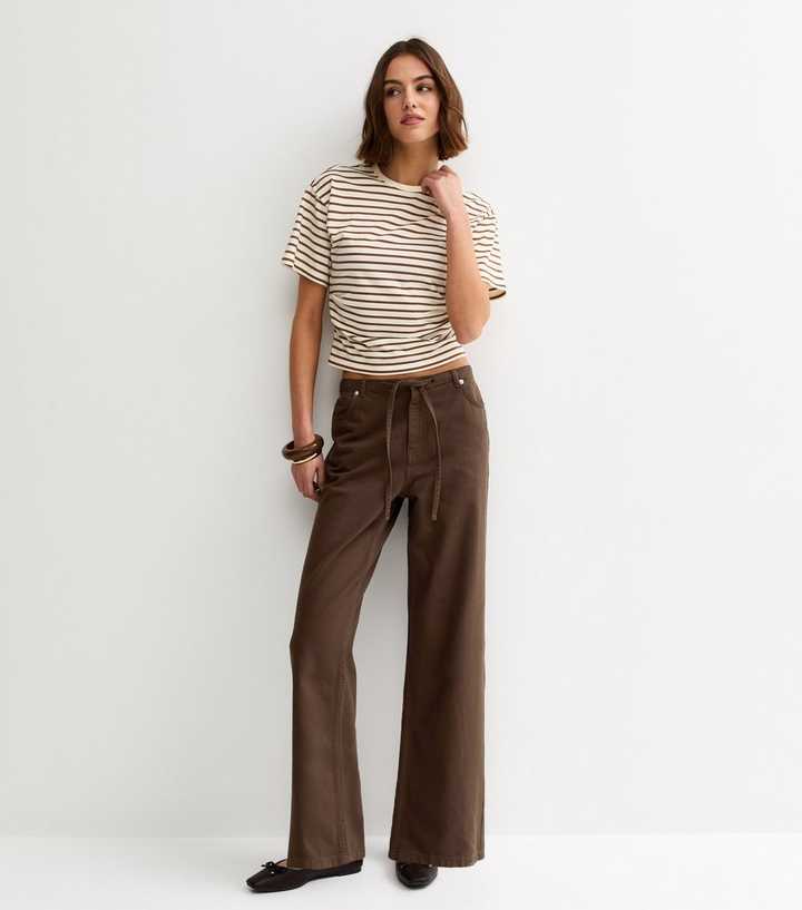 Brown Cotton Drawstring Wide Leg Jeans