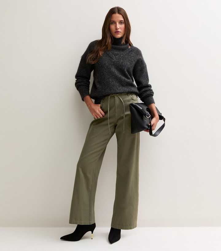 Khaki Cotton Drawstring Wide Leg Jeans