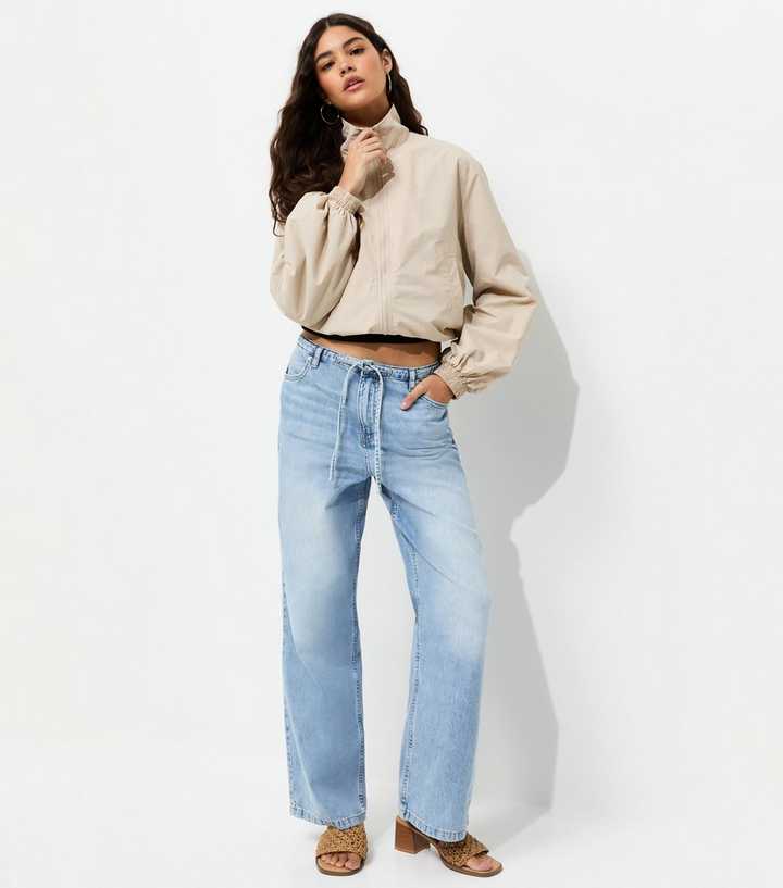 Mid Blue Tie Waist Wide Leg Jeans