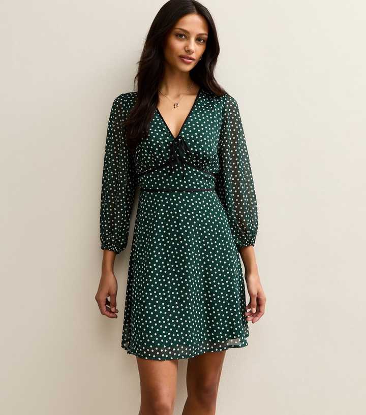 slim fit dress slacks Polka Dot Puff Shoulder Long Sleeve Dress Green – Styledup.co.uk main image 1
