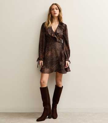 Dark Brown Crepe Animal Print Ruffle Wrap Mini Dress