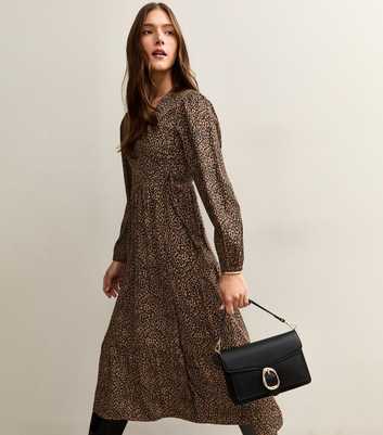 Brown Crepe Animal Print Wrap Midi Dress