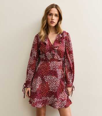Red Speckled Crepe Ruffle Wrap Mini Dress