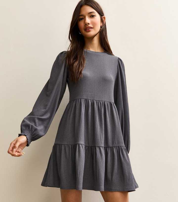 Dark Grey Crinkled Tiered Mini Dress New Look — free download