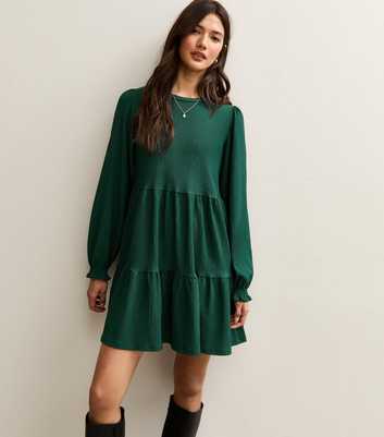 Dark Green Crinkled Tiered Mini Dress