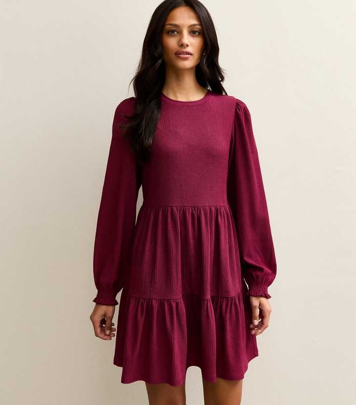 Dark Burgundy Crinkled Tiered Mini Dress