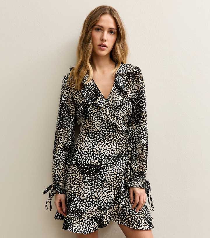 Brown Speckled Crepe Ruffle Wrap Mini Dress