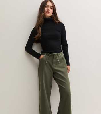 Petite Khaki Denim Self Tie Drawcord Waist Wide Leg Jeans