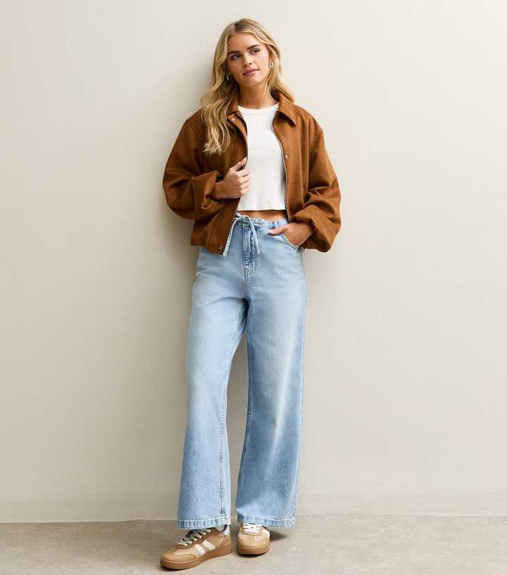 Petite Mid Blue Self Tie Drawcord Waist Wide Leg Jeans