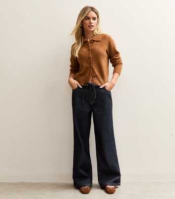 Petite Navy Denim Self Tie Drawcord Waist Wide Leg Jeans