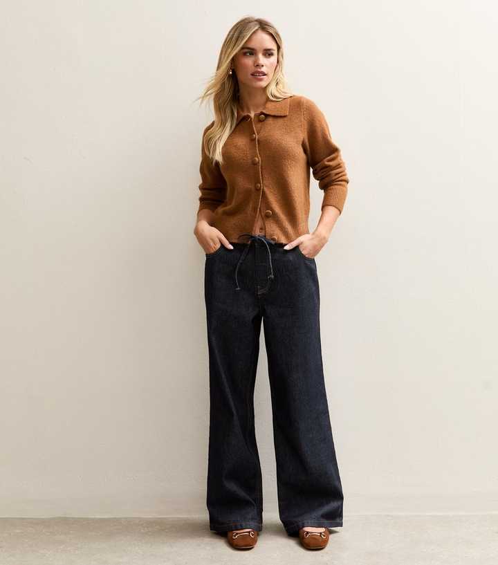 Petite Navy Denim Self Tie Drawcord Waist Wide Leg Jeans
