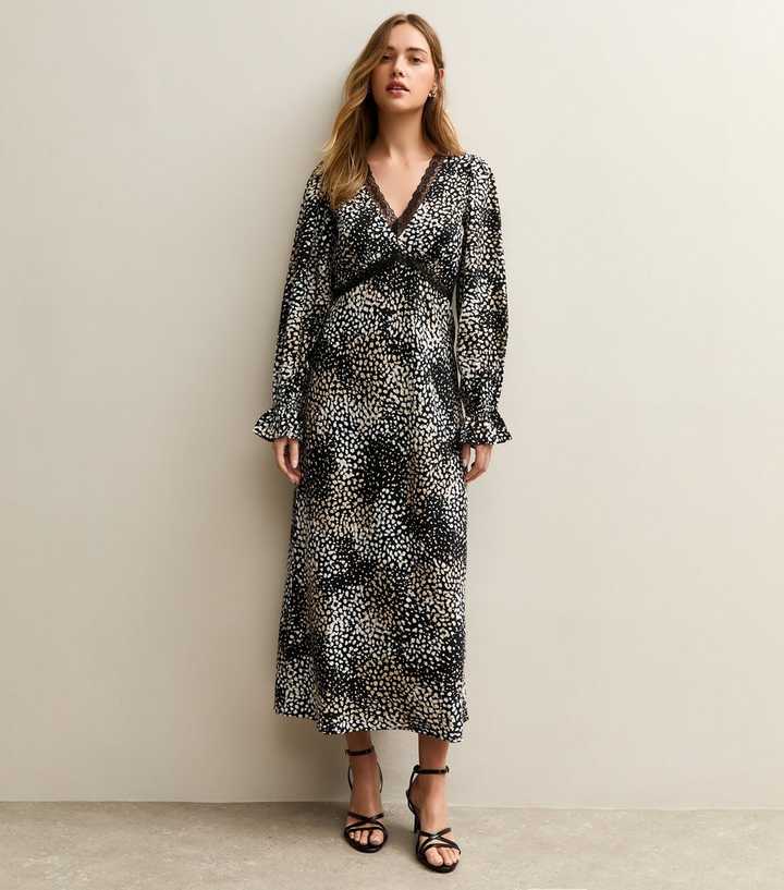 Black Spot Pattern Long Sleeve Midi Dress