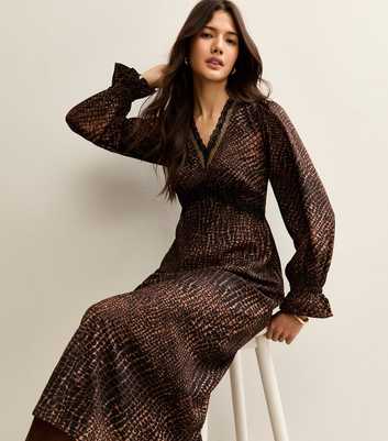 Brown Animal Print Lace Neck Midi Dress