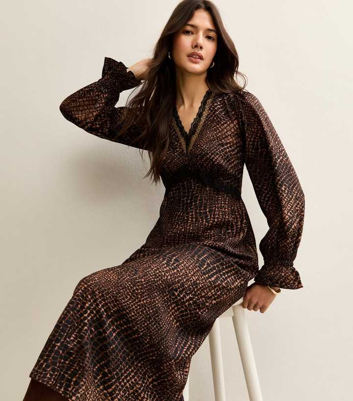 Brown Animal Print Lace Neck Midi Dress
