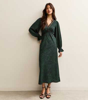 Green Animal Print Lace Neck Midi Dress