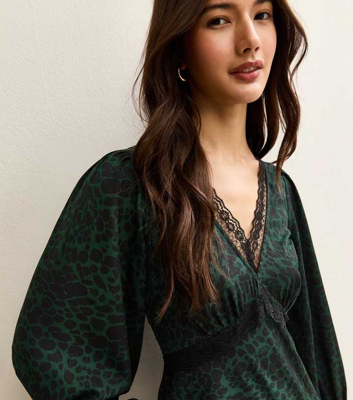 Green Animal Print Lace Neck Midi Dress | New Look