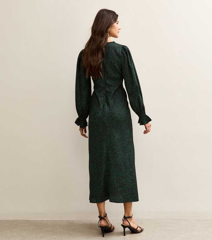 Green Animal Print Lace Neck Midi Dress | New Look