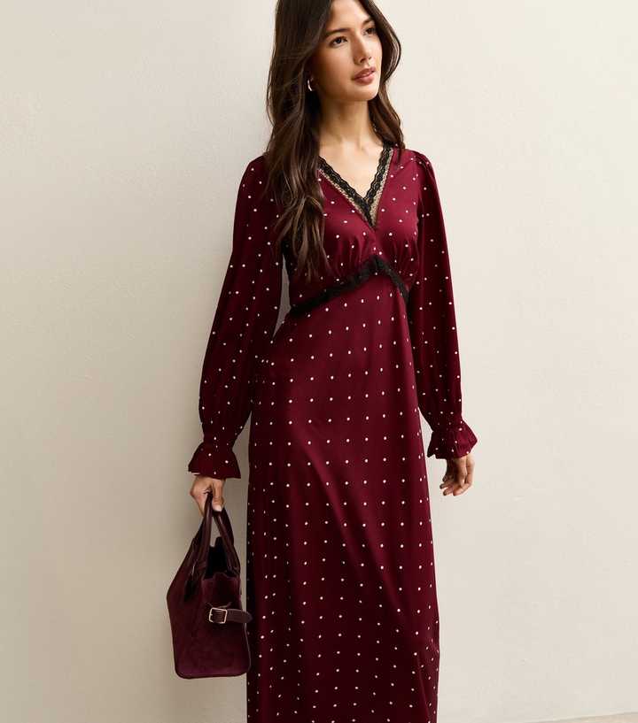 Red Polka Dot Lace Neck Midi Dress