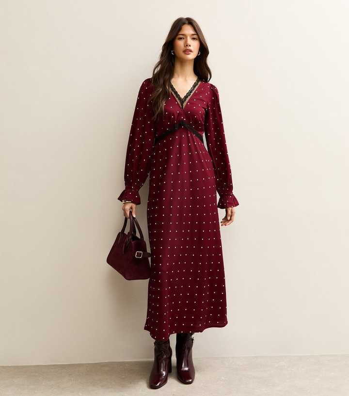 chinese dress ladies The Red V Neck Polka Dot Lace Ruched Maxi Dress