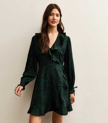 Dark Green Animal Print Ruffled Crepe Mini Wrap Dress