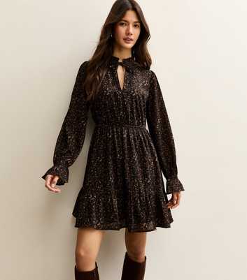 Brown Animal Print Tie Neck Mini Dress