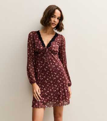 Dark Red Floral Mesh Mini Dress
