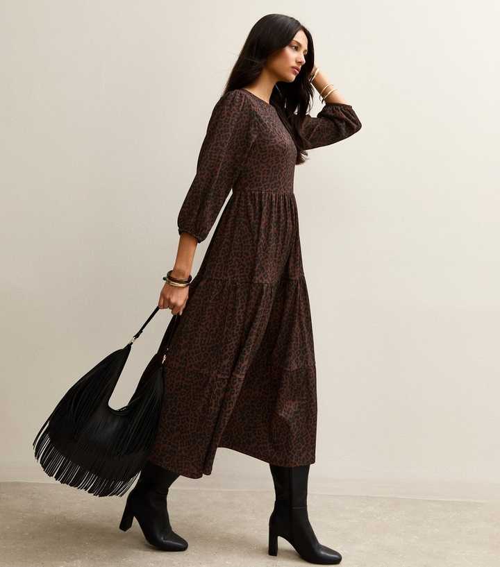 Brown Animal Print Crinkled Tiered Midi Dress