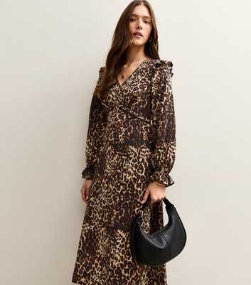 Brown Animal Print Frill Shoulder Midi Dress