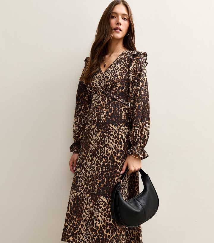 Brown Animal Print Frill Shoulder Midi Dress