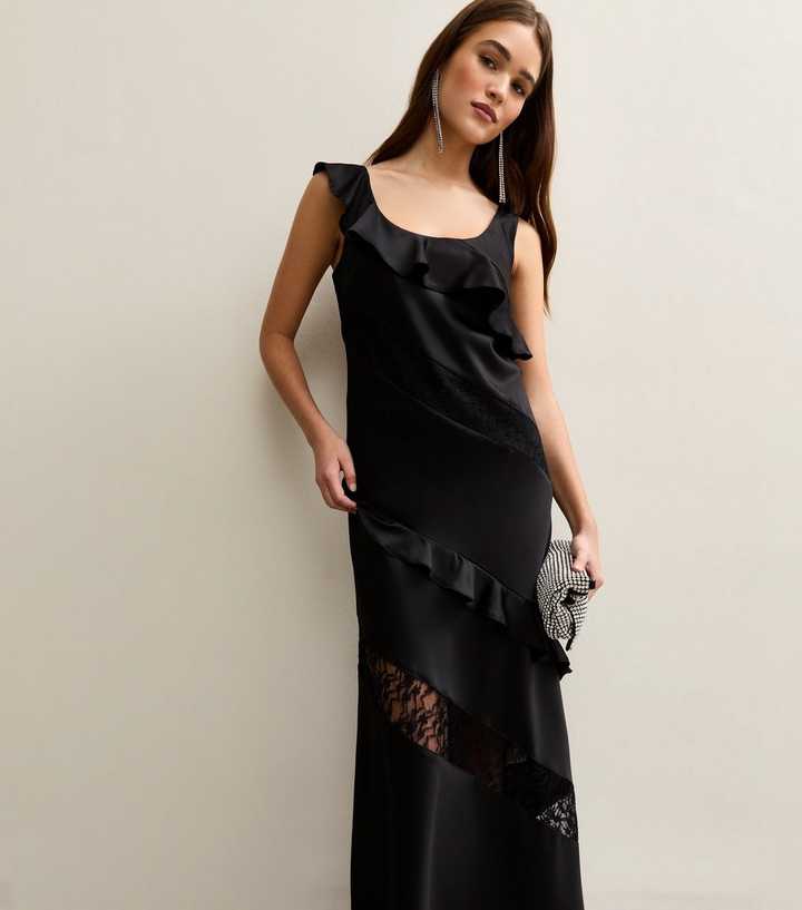 Black Ruffled Lace Trim Maxi Dress