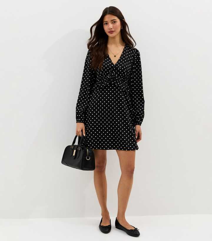 Black Polka Dot Frilly Trim Mini Dress