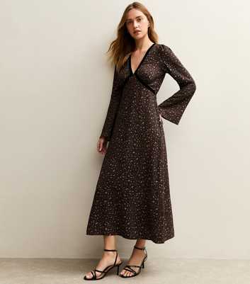 Brown Animal Print Velvet Trim Midi Dress