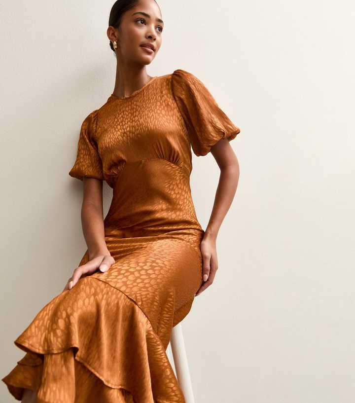 Light Brown Feather Jacquard Satin Midi Dress | New Look