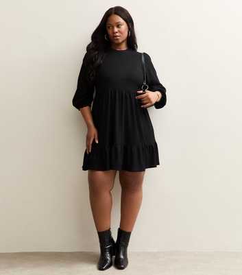 Curve Black Smock Long Sleeve Tiered Mini Dress