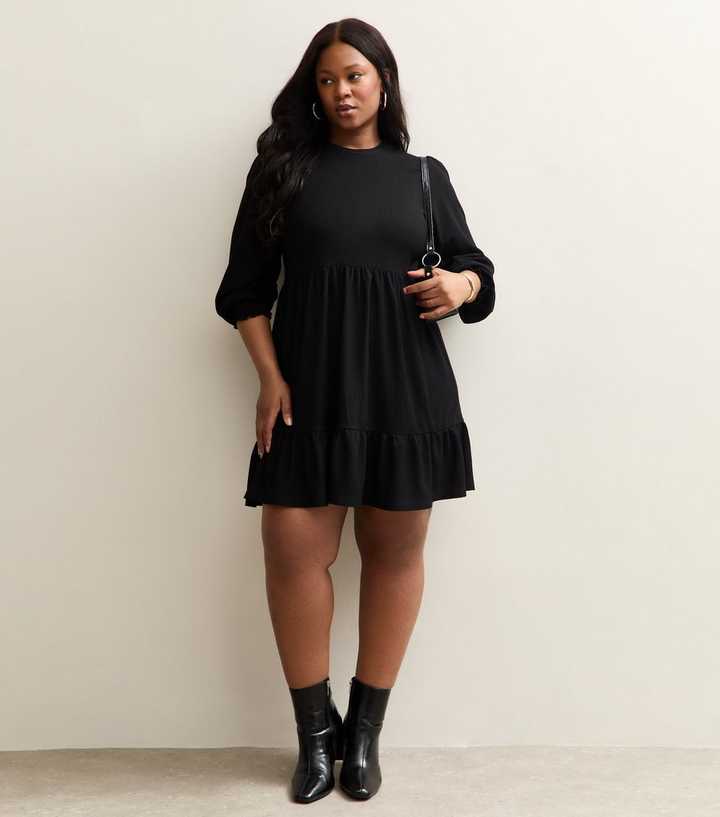 Curve Black Smock Long Sleeve Tiered Mini Dress