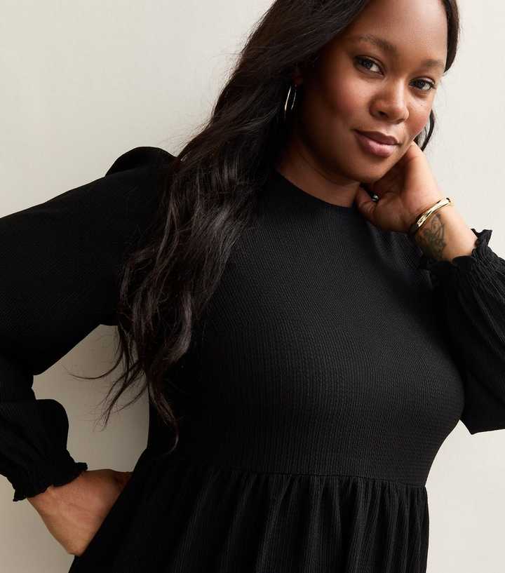 Curve Black Smock Long Sleeve Tiered Mini Dress | New Look Curve Black Smock Long Sleeve Tiered Mini Dress | New Look