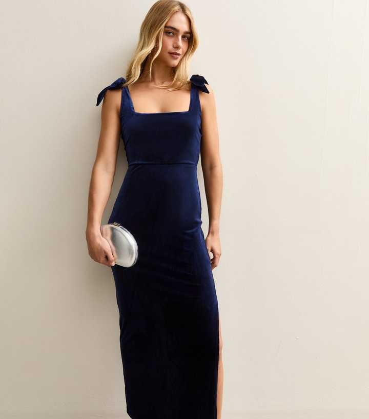 Navy Velvet Bow Shoulder Midi Dress