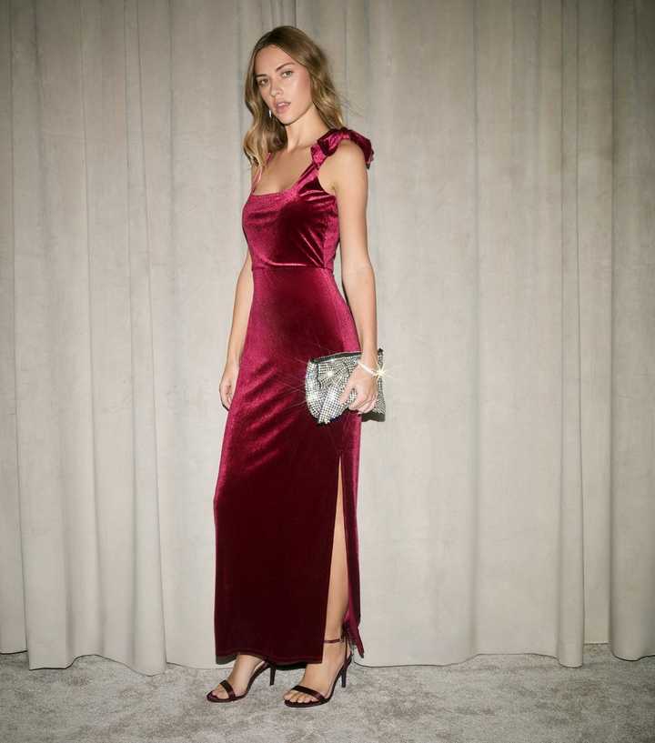 Burgundy Velvet Bow Shoulder Midi Dress