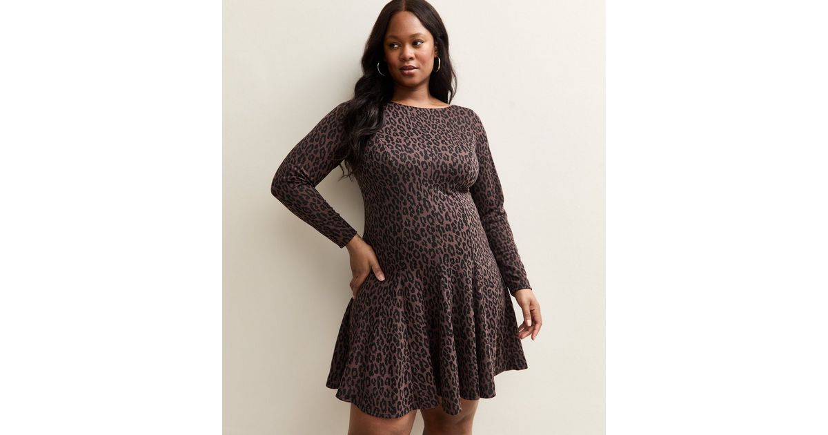 Curve Brown Long Sleeve Animal Print Skater Mini Dress | New Look